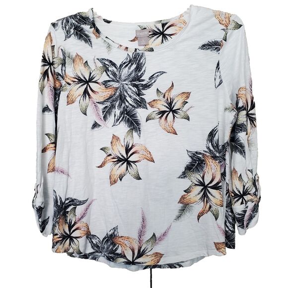 Chico's Cotton Blend Slub Floral Utility Sleeve-Button T-Shirt Size 2 Large - Picture 1 of 6
